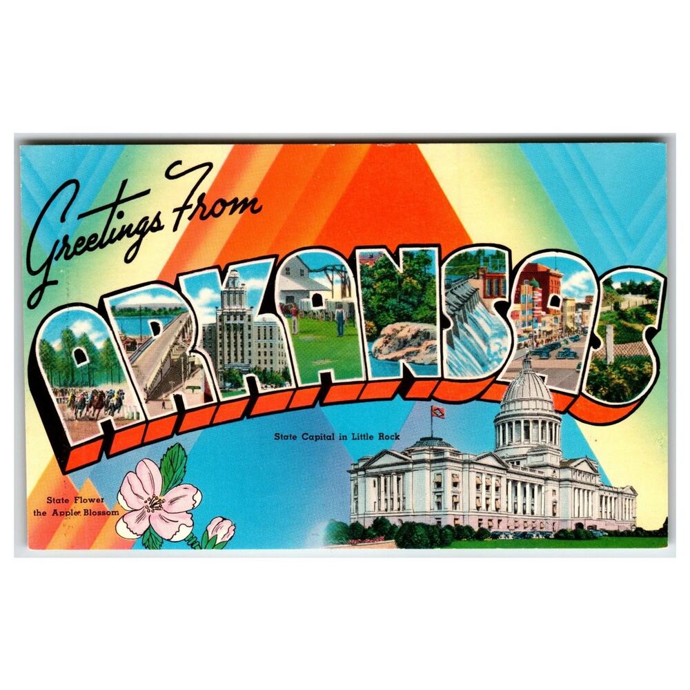 Greetings From ARKANSAS Large Letter Chrome Postcard Little Rock State Capitol